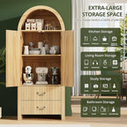FURSUN 71" Tall Fluted Arched Bookshelf with Doors, Wood Pantry Storage Cabinet with 2 Large Drawers, Modern Versatile Bookcase for Living Room, Kitchen, Dining, Natural Oak