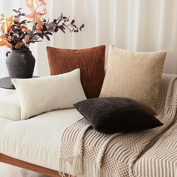 Foindtower Pack of 2 Soft Textured Chenille Throw Decorative Pillow Covers Square Accent Solid Cushion Cover Cozy Neutral Farmhouse Pillow Case for Couch Sofa Bedroom Living Room 26x26 Inch,Red Taupe
