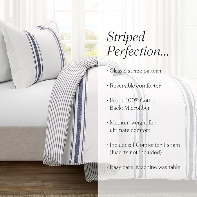 Lush Decor Farmhouse Stripe Reversible Cotton Comforter Set, 2-Piece, Twin XL Navy - Twin Bedding Set - Dorm Decor - Striped Comforter for Farmhouse Bedroom Decor