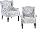 HUIMO Living Room Chair Upholstered High Back Armchair Retro Printed Wingback Chair in Linen for Bedroom & Study Comfy Accent Sofa Chair Reading Chair Holds 300lbs (Navy Blue) (2, Blue Floral-2PCS)