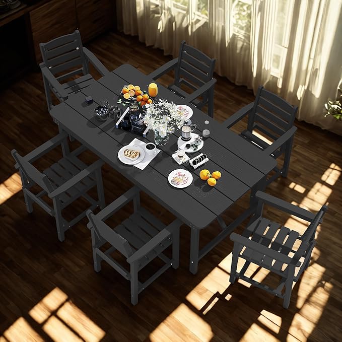 7 Piece Patio Dining Set with 11ft Patio Umbrella (Rose Pink), 7 Black Outdoor HDPE Dining Set with 6 Chairs + 1 Large Table, for Market, Pool, Garden, Backyard, Deck