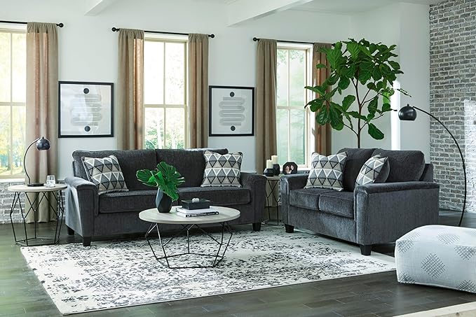 Signature Design by Ashley Abinger Chenille Contemporary Loveseat with 2 Accent Pillows, Dark Gray
