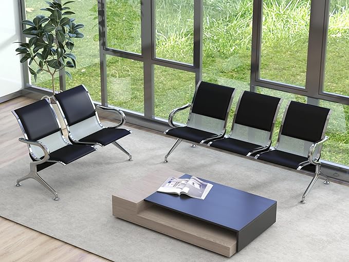 Kinsuite 5-Seat PU Leather Reception Bench - 2pcs Waiting Room Chairs with Arms & Non-Slip Foot Mats, Reception Chairs Guest Chair for Office Airport Bank Salon, Black