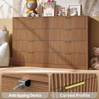 Fluted Dresser for Bedroom with 8 Drawer, 55” Wide Wooden Dresser Mid Century Chest of Drawers w/Gold Handle, Fluted Dressers TV Stand Closet Storage Organizer for Living Room, Natural Oak