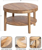 Kate and Laurel Talcott Tiered Modern Round Coffee Table, 28 x 28 x 18, Natural Wood, Transitional Two-Tier Circle Living Room Table with Storage and Mango Wood Construction