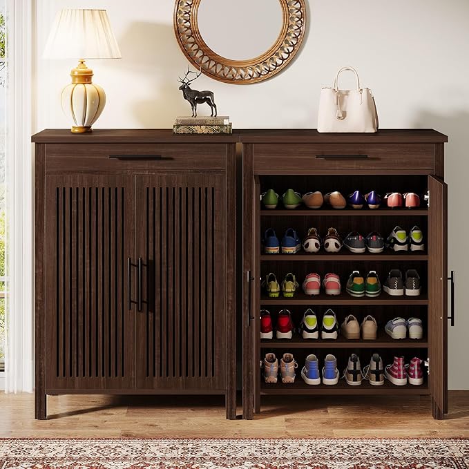Tribesigns Shoe Cabinet, 5-Tier Shoe Storage Cabinet with Louvered Doors and Drawer, Freestanding Wooden Shoe Rack Organizer with Adjustable Shelves for Entryway, Hallway, Closet, Black Walnut