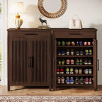 Tribesigns Shoe Cabinet, 5-Tier Shoe Storage Cabinet with Louvered Doors and Drawer, Freestanding Wooden Shoe Rack Organizer with Adjustable Shelves for Entryway, Hallway, Closet, Black Walnut