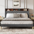 WLIVE King Size Upholstered Bed Frame with Storage Headboard, Velvet Square Tufted Platform Bed with Charging Station, Sturdy Metal & Wooden Slats Support, No Box Spring Needed, Grey