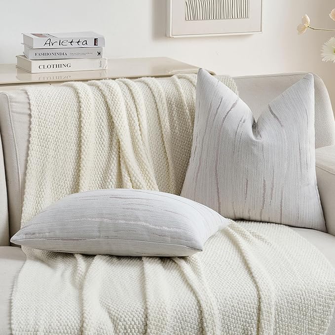 FUTEI Grey Chenille Decorative Throw Pillow Covers 16x16 Inch Set of 2,Soft Embossed Striped Textured Cushion Case,Modern Home Decor for Couch Bed Living Room