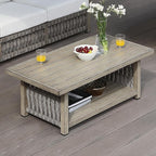 Outdoor Coffee Table, Aluminum Rope Weave Patio Coffee Table, Weatherproof Outside 2-Tier Rectangle Outdoor Patio Furniture for Garden, Pool, Outside, Decks, Gray Oak