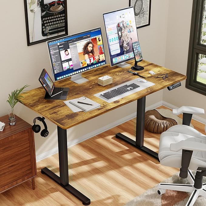 Shahoo 45.2 Inch Standing Desk, Electric Height Adjustable Computer Desks with Hook and Cable Hole, Rustic Brown