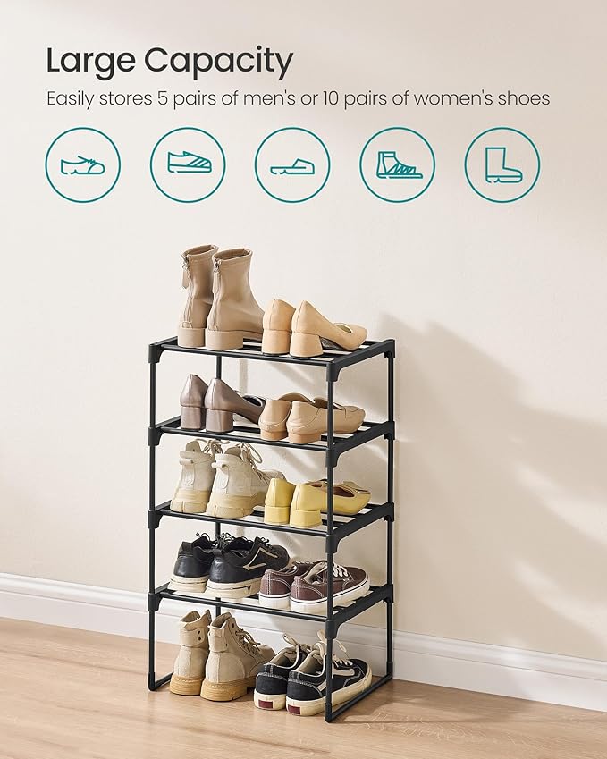 SONGMICS Shoe Rack, 4-Tier Shoe Organizer, Metal Storage Shelf, Upright or Upside Down, for 5-10 Pairs, Stackable, for Entryway, 11.8 x 16.7 x 28.2 Inches, Black ULSA004B01