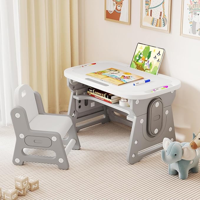 INFANS Kids Adjustable Table & Chair Set with Drawing Board for 3+, Toddler Activity Desk for Drawing with Storage Shelf, Non-Slip Pads, Watercolor Pens & Eraser, Indoor Art/Study Furniture (Grey)