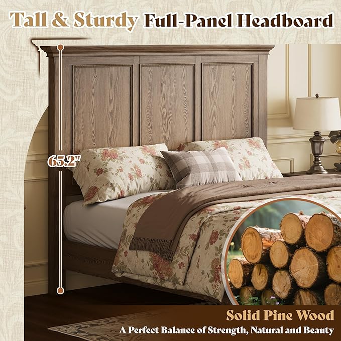 AMERLIFE Solid Wood Queen Bed Frame with 65.2" High Headboard, Traditional Platform Bed with Heavy Duty Slats, No Box Spring Needed, Easy Assembly, Light Brown