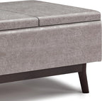 SIMPLIHOME Owen 34 inch Wide Mid Century Modern Rectangle Tray Top Small Coffee Table Storage Ottoman in Distressed Grey Vegan Faux Leather, Assembled, For the Living Room, Entryway and Family Room