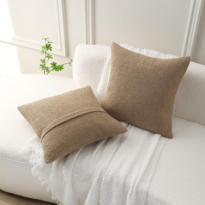 FUTEI Pack of 2 Khaki Decorative Throw Pillow Covers 18x18 Inch Soft Cozy Solid Boucle Textured Cushion Case,Modern Home Decor for Couch Bed Living Room
