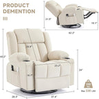Power Swivel Rocker Recliner Chair with Heat and Massage, USB and Type-C Charging Port, Electric Glider Rocking Chairs, Oversized Recliner Chairs for Adults(Fabric, Beige)