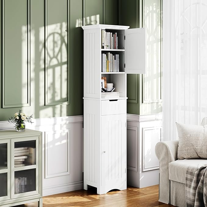 ChooChoo 67" Tall Bathroom Storage Cabinet Freestanding with Adjustable Shelves, Narrow Storage Linen Cabinet with 2 Doors and 1 Drawers for Bathroom, Living Room, Kitchen, White