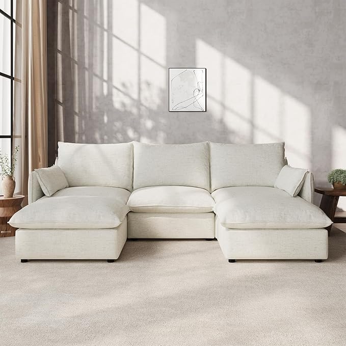 Waterproof Cloud Sectional Couches for Living Room,High Backrest Down Filled Couch,5 Seater Oversized Modular U-Shaped Sofas,Detachable Sofa Covers,Cream White