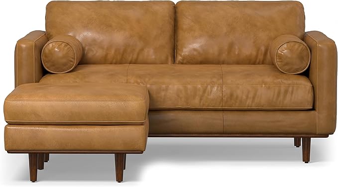 SIMPLIHOME Morrison Mid-Century Modern 72 inch Wide Sofa with Ottoman Set in Sienna Genuine Leather for the Living Room and Family Room