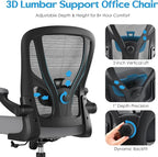 Office Chair Ergonomic Desk Chair - Mesh Computer Chair Breathable Task Chair with Wheels Adjustable Lumbar Support Home Desk Office Chairs with Flip up Armrest Executive Rolling Swivel Gray