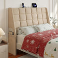 Full Size Headboard with Charging Station, Ergonomic Upholstered Linen Headboards Only, Wingback Wood Bed Head Board with Storage Pocket, Bed Frame Adapters, Beige