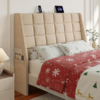 Full Size Headboard with Charging Station, Ergonomic Upholstered Linen Headboards Only, Wingback Wood Bed Head Board with Storage Pocket, Bed Frame Adapters, Beige