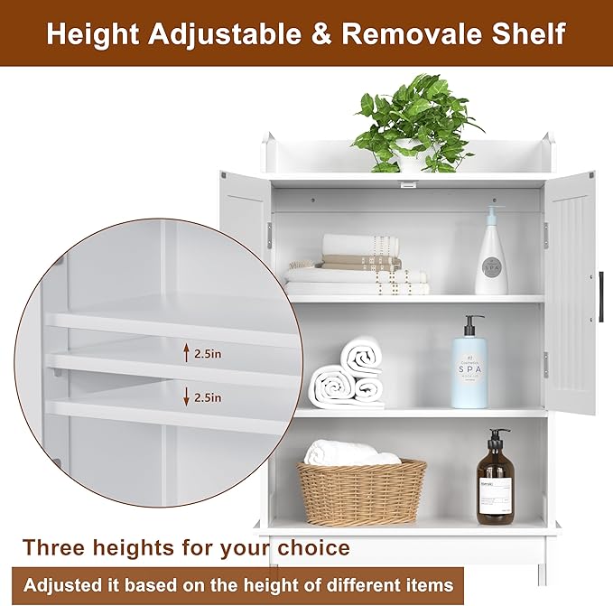 Over-The-Toilet Storage Shelf with Doors, Bathroom Freestanding Space Saver Organizer with Adjustable Shelf, White