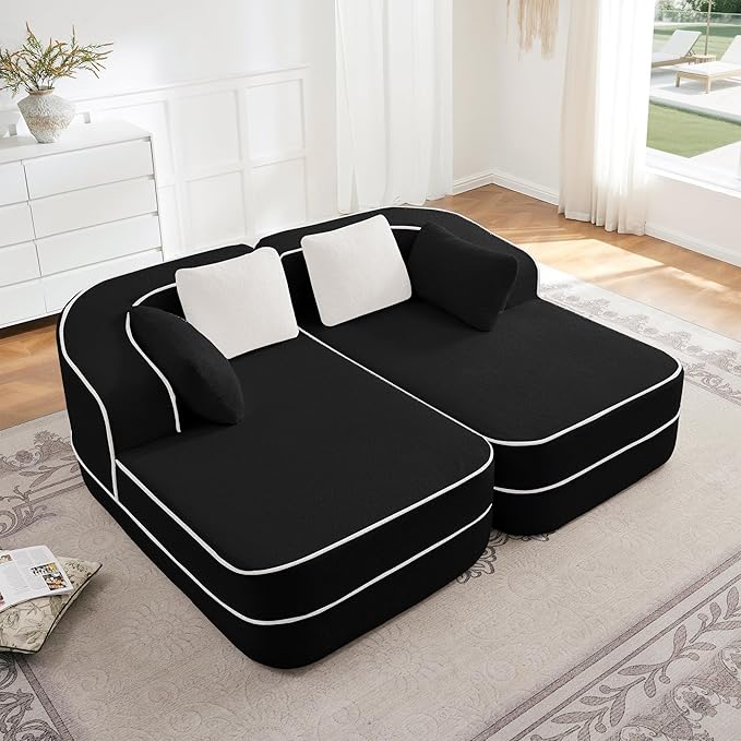 77.2" Oversized Double Lounge Chaise, Boneless Lounge Sofa Bed, Cloud Loveseat Sleeper Couch for Indoor Living Room, No Assembly Required, Teddy Fabric,Black