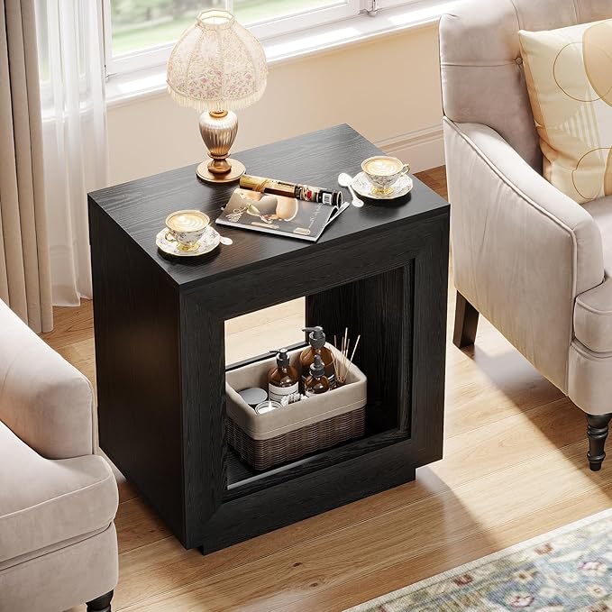 Tribesigns Rustic Wood End Table, 2 Tiered Square Side Table with Storage Shelf, Industrial Sofa Side Table for Living Room, Entrance (2, Dark)