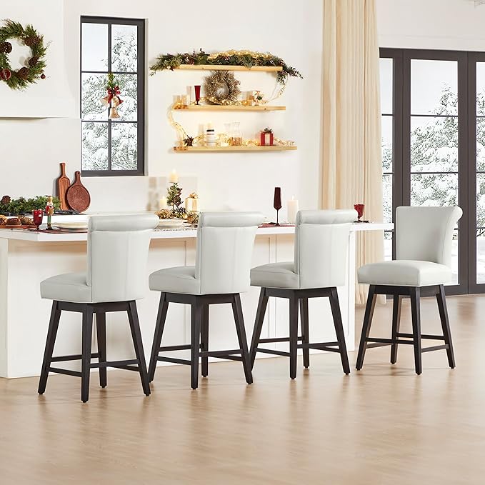 CHITA 26 Inch Counter Height Swivel Bar Stools Set of 2, FSC Certified Modern Upholstered Faux Leather Swivel Barstool Chair with Back, Creamy Grey