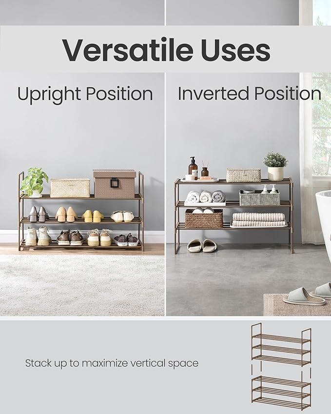 SONGMICS Shoe Rack, 3-Tier Shoe Organizer, Metal Storage Shelf, Upright or Upside Down, for 16-20 Pairs, Stackable, for Entryway, 11.8 x 36.2 x 21.7 Inches, Walnut Brown ULSA303K01