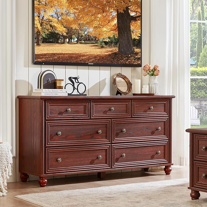 7 Drawers Dresser for Bedroom, Farmhouse 54" Wide Wood Dressers Chest of Drawers, Vintage Design TV Stand, Rustic Storage Dresser Organizer with Metal Handle Closet for Living Room, Hallway