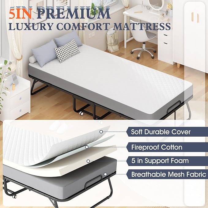 INTERGREAT Folding Bed with Mattress, 75" x 38" - 5" Thick Memory Foam Mattress, Twin Size Portable Beds for Adults, Metal Bed Frame on Wheels for Guest, Space Saving Roll Away Beds for Easy Storage