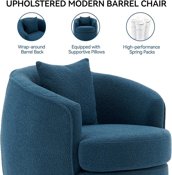 Swivel Accent Chair Set, Modern Upholstered Boucle Barrel Arm Chairs with Pillow for Living Room, 360 Degree Round Swivel Sherpa Armchair with Round Base for Bedroom Club (2, Dark Blue)