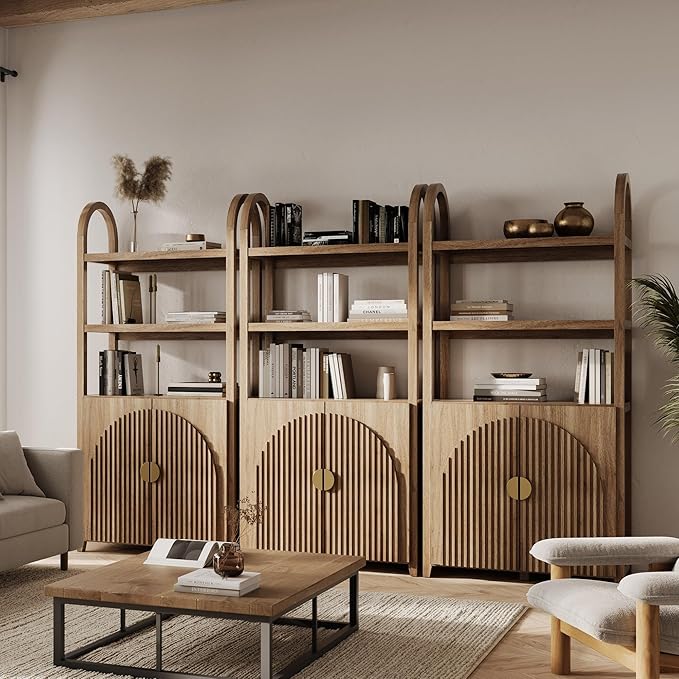 BELLEZE Book Shelf 72" Tall Arched Bookcase with Storage, 5 Tier Mid Century Modern Fluted Bookshelf with Doors, Modular Bookshelves for Living Room Office Library, Set of 3 (Caramel Brown)