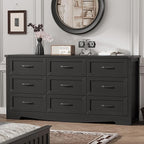 Dresser for Bedroom with 9 Drawers, 63" Wide Wood Chest of Drawers with Deep Drawers & Mental Handle, Modern Dresser TV Stand, Wooden Closet Storage Organizer for Living Room, Hallway, Entryway, Black