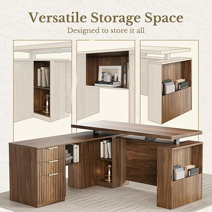 63 Inches L Shaped Standing Desk, Executive Standing Desk with Drawers and File Cabinet, AC/USB, 1.18" Whole-Piece Desktop, Multi-sized Storage Cubby, Privacy Panel, Fluted Computer Desk, Black Walnut