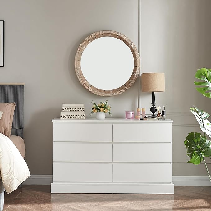 White Bedroom Dresser Modern 6 Drawers Dressers Wood Organizer Wide Dresser & Chest of Drawers Storage for Living Room, Entryway, Hallway