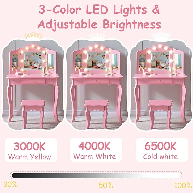 Kids Vanity Set, Kids Vanity Table and Chair Set with Stool and Light, 2 in 1 Wooden Kids Make Up Vanity Desk, Princess Makeup Table with Drawer for Girls