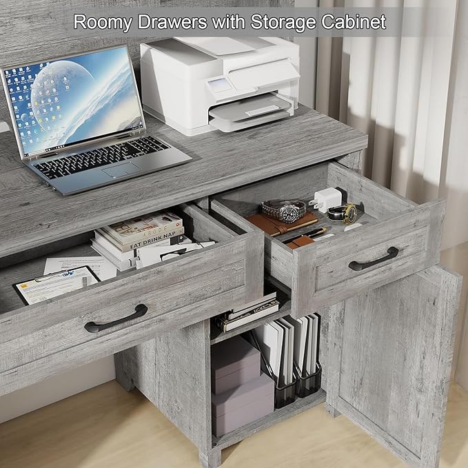 Farmhouse 67''H Executive Desk with Hutch & 5 Drawers, Rustic Office Desks Computer Desks with Charging Station, File Drawers and Storage Cabinets, Wood Workspace for Home Office & Study.（Grey）.