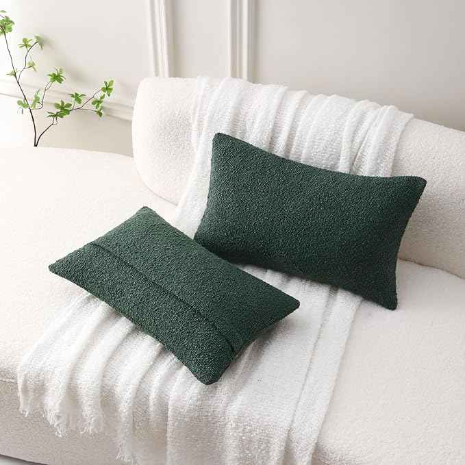 FUTEI Christmas Pack of 2 Dark Green Decorative Throw Pillow Covers 12x20 Inch Soft Cozy Solid Boucle Textured Lumbar Pillow Cases,Modern Home Decor for Couch Bed Living Room