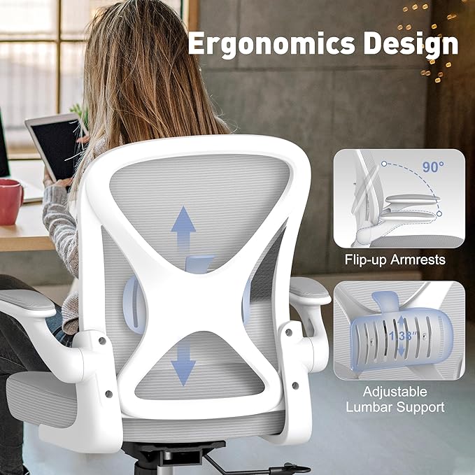 ZZH Ergonomic Office Chair Set of 4 with Adjustable Lumbar Support, Mesh Home Office Desk Chair with Wheels and Flip-up Arms, Grey
