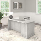 Bush Furniture Saratoga L Shaped Computer Desk with Drawers and Storage in Linen White Oak | Large Corner Office Table for Workspace