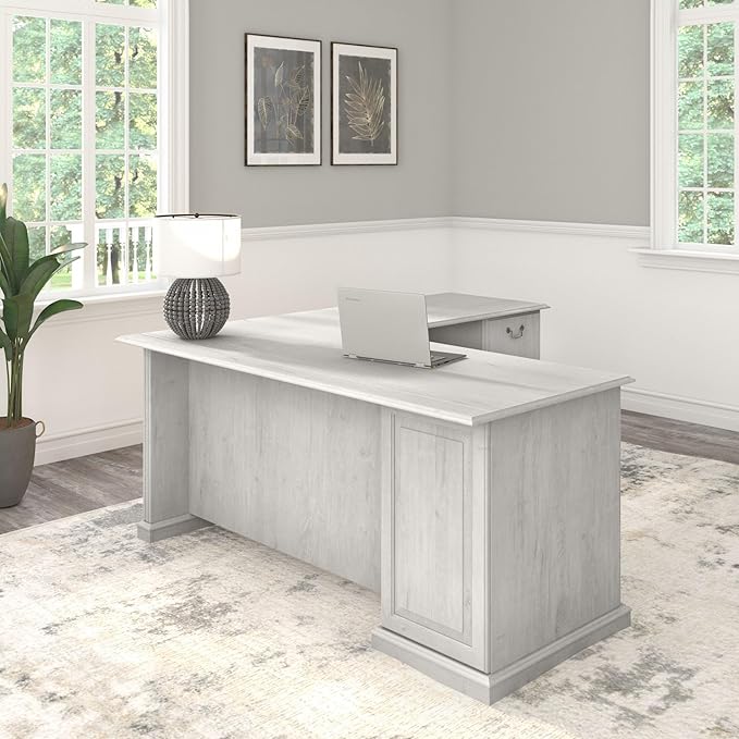 Bush Furniture Saratoga L Shaped Computer Desk with Drawers and Storage in Linen White Oak | Large Corner Office Table for Workspace