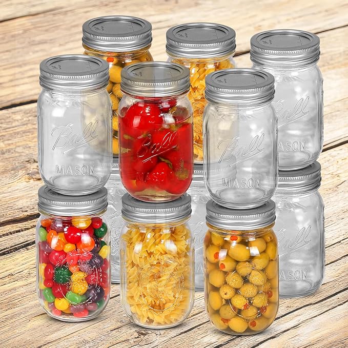 Ball Regular Mouth Mason Jars 16 oz. (12 Pack) - Pint Size Jars with Airtight Lids and Bands for Canning, Fermenting, Pickling, Meal Prep or DIY Decors and Projects Bundled with Peaknip Jar Opener