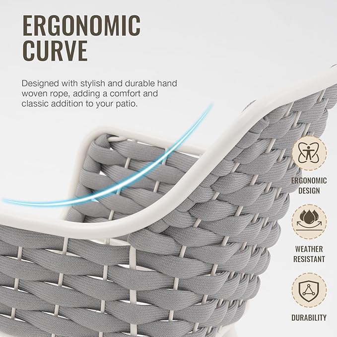 SUNSITT Outdoor Dining Chairs Set of 4, Metal Outdoor Patio Dining Chairs with Weather-Resistant Cushions, Woven Rope Chairs Outdoor with Armrest Light Grey Outdoor Furniture Chairs for Backyard