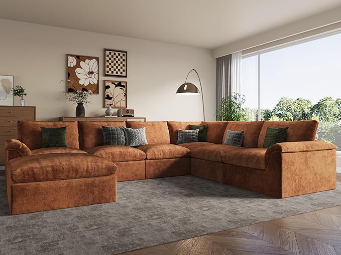 EASE MOOSE Oversized Sectional Cloud Couch-7-Seat, U-Shaped Deep-Seat Modular Boneless Sofa, No-Assembly Chenille Sofa for Living Room, Brown