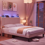 Gizoon Queen Bed Frame with Charging Station and LED Lights,Upholstered Wingback Platform Bed with Wooden Slats,Noise-Free,No Box Spring Needed