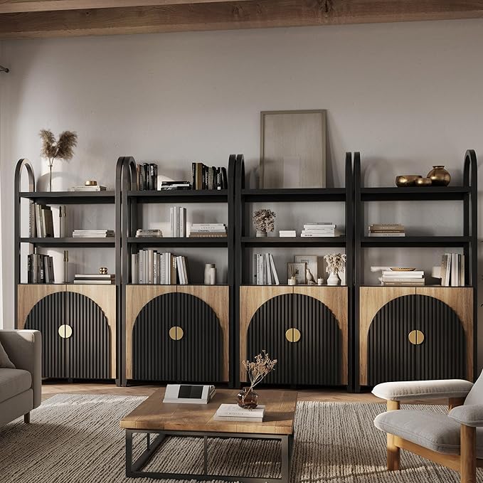BELLEZE Book Shelf 72" Tall Arched Bookcase with Storage, 5 Tier Mid Century Modern Fluted Bookshelf with Doors, Modular Bookshelves for Living Room Office Library, Set of 4 (Camel)
